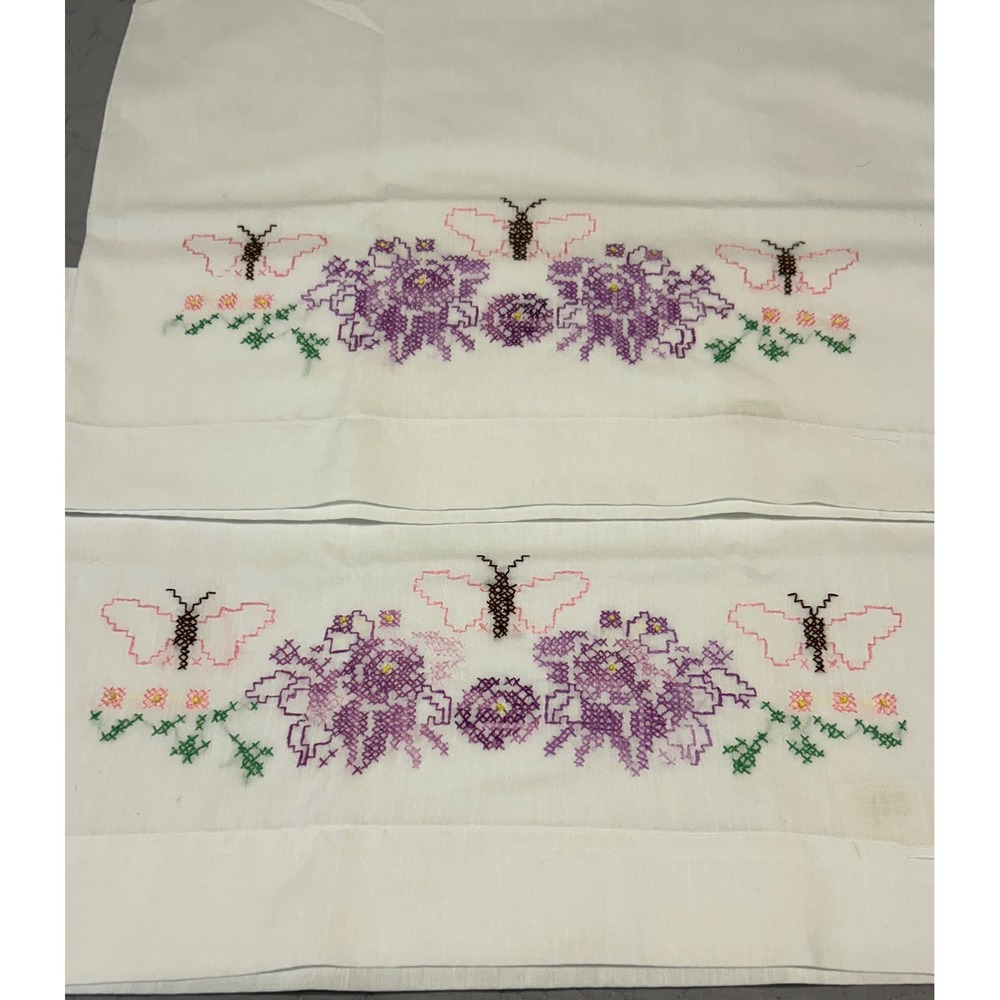Vintage Cross Stitch Pillowcases Pair Butterflies Purple Flowers 20x29.5